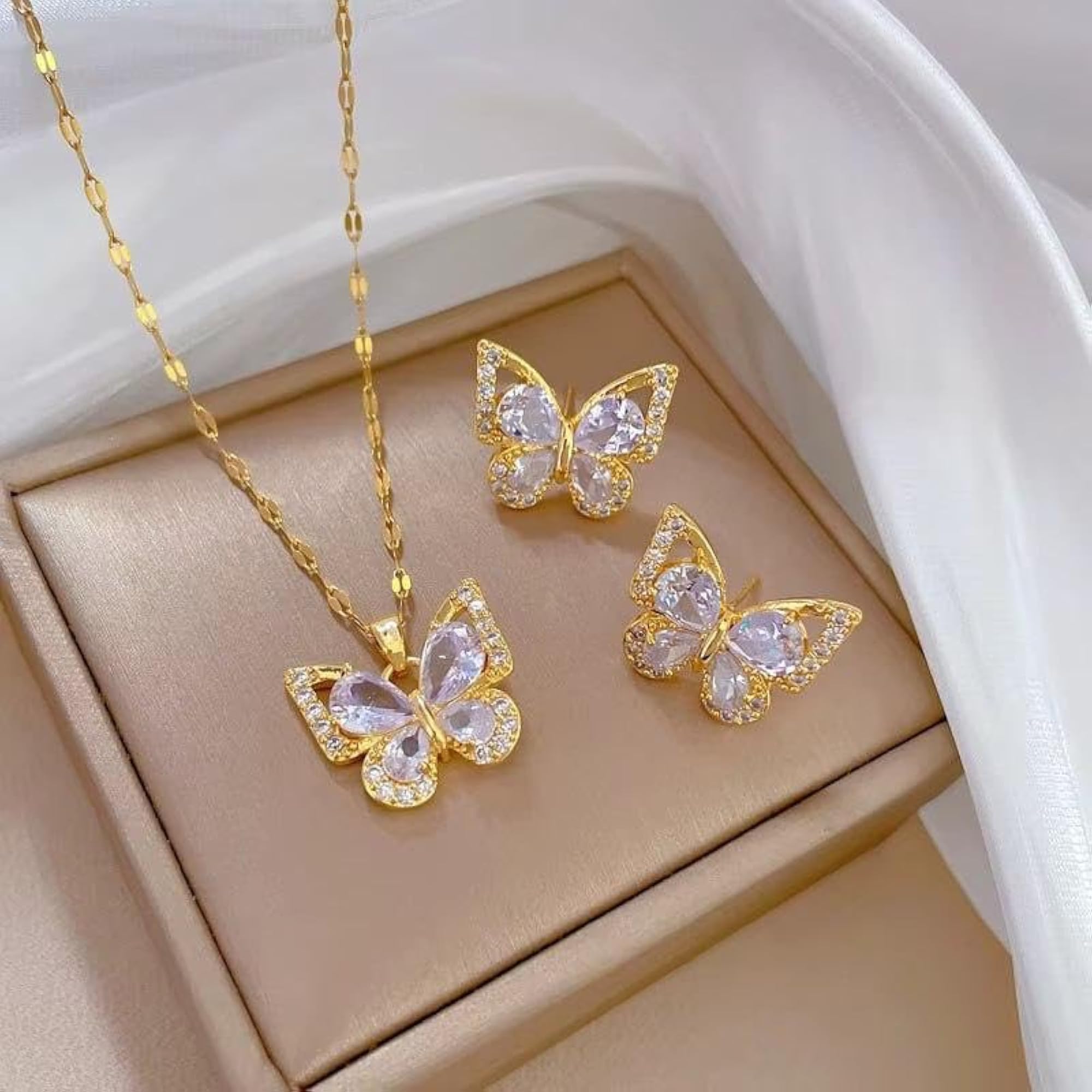 Butterfly Pendant Necklace and Stud Earrings Set, Gold